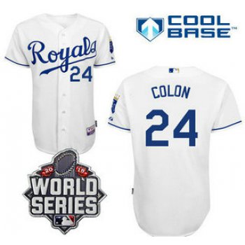 Men's Kansas City Royals #24 Christian Colon White Home Baseball Jersey With 2015 World Series Patch