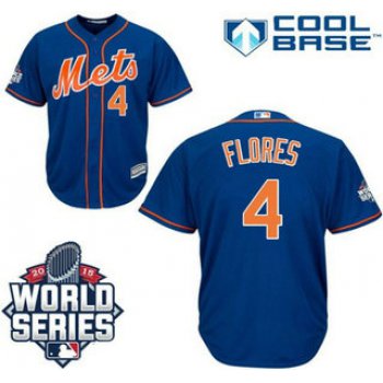 Men's New York Mets #4 Wilmer Flores Royal Blue Orange Cool Base Jersey with 2015 World Series Participant Patch