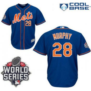 New York Mets 2015 Cool Base #28 Daniel Murphy Alternate Home Blue Orange Jersey with 2015 World Series Patch