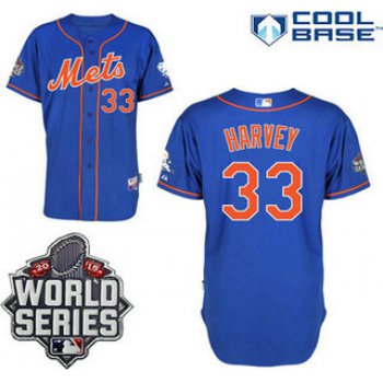 New York Mets Authentic #33 Matt Harvey Alternate Home Blue Orange Jersey with 2015 World Series Patch