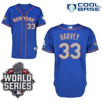 New York Mets Authentic #33 Matt Harvey Alternate Road Blue Gray Jersey with 2015 World Series Patch