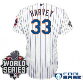 New York Mets Authentic #33 Matt Harvey Home White Pinstripe 2015 World Series Patch Jersey