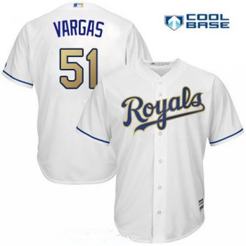 Men's Kansas City Royals #51 Jason Vargas White 2017 Gold Home Stitched MLB Majestic Cool Base Jersey
