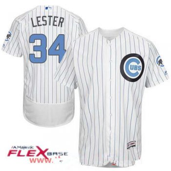 Men's Chicago Cubs #34 Jon Lester White with Baby Blue Father's Day Stitched MLB Majestic Flex Base Jersey