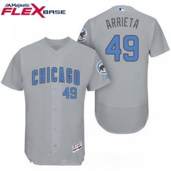 Men's Chicago Cubs #49 Jake Arrieta Gray with Baby Blue Father's Day Stitched MLB Majestic Flex Base Jersey