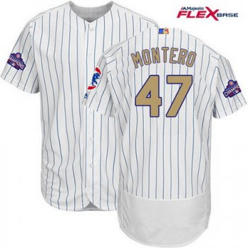 Men's Majestic Chicago Cubs #47 Miguel Montero White World Series Champions Gold Stitched MLB Majestic 2017 Flex Base Jersey