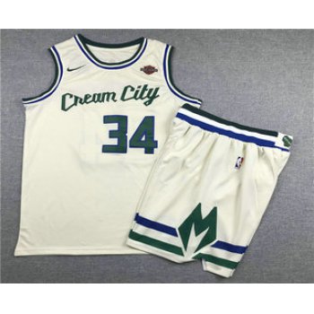 Men's Milwaukee Bucks #34 Giannis Antetokounmpo Cream 2020 City Edition NBA Swingman Jersey With Shorts