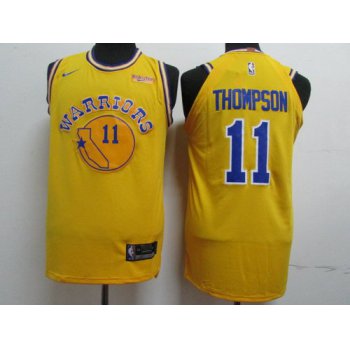 Men's Golden State Warriors #11 Klay Thompson Yellow Throwback Nike Authentic Jersey