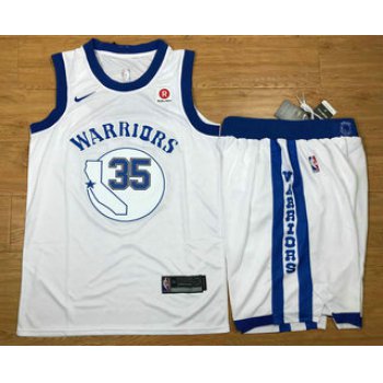 Men's Golden State Warriors #35 Kevin Durant White 2017-2018 Hardwood Classics Nike Rakuten Stitched Throwback NBA Jersey With Shorts