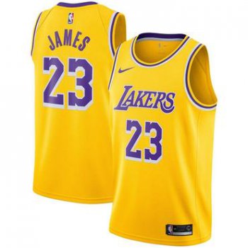 Men's Nike Los Angeles Lakers #23 LeBron James Purple Number Yellow Stitched NBA Jersey