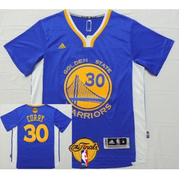 Men's Golden State Warriors #30 Stephen Curry Blue Short-Sleeved White 2016 The NBA Finals Patch Jersey