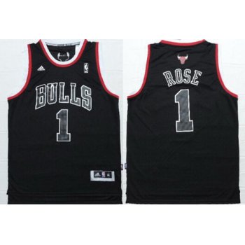 Men's Chicago Bulls #1 Derrick Rose All Black With White Outline Fashion Jersey