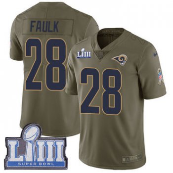 #28 Limited Marshall Faulk Olive Nike NFL Youth Jersey Los Angeles Rams 2017 Salute to Service Super Bowl LIII Bound
