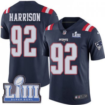 #92 Limited James Harrison Navy Blue Nike NFL Youth Jersey New England Patriots Rush Vapor Untouchable Super Bowl LIII Bound