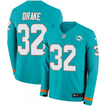 Nike Dolphins #32 Kenyan Drake Aqua Green Team Color Men's Stitched NFL Limited Therma Long Sleeve Jersey