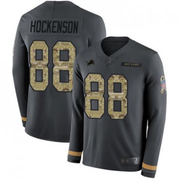 Lions #88 T.J. Hockenson Anthracite Salute to Service Men's Stitched Football Limited Therma Long Sleeve Jersey