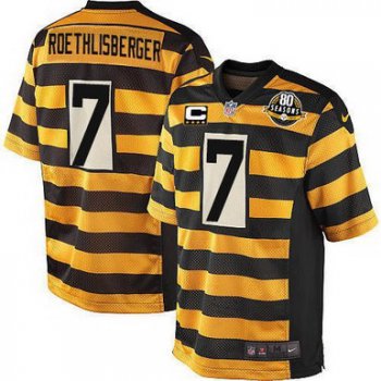 Nike Pittsburgh Steelers #7 Ben Roethlisberger Yellow With Black Throwback 80TH C Patch Jersey
