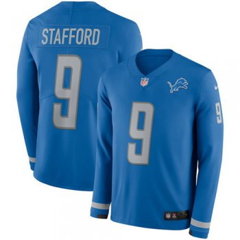 Men Nike Detroit Lions 9 Matthew Stafford blue Therma Long Sleeve Jersey