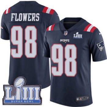 #98 Limited Trey Flowers Navy Blue Nike NFL Men's Jersey New England Patriots Rush Vapor Untouchable Super Bowl LIII Bound