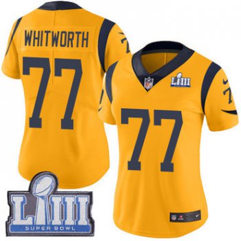 #77 Limited Andrew Whitworth Gold Nike NFL Women's Jersey Los Angeles Rams Rush Vapor Untouchable Super Bowl LIII Bound