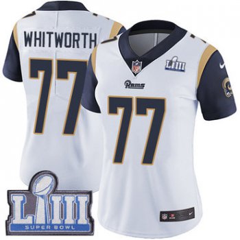 #77 Limited Andrew Whitworth White Nike NFL Road Women's Jersey Los Angeles Rams Vapor Untouchable Super Bowl LIII Bound