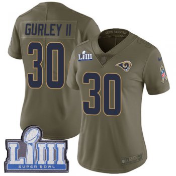 #30 Limited Todd Gurley Olive Nike NFL Women's Jersey Los Angeles Rams 2017 Salute to Service Super Bowl LIII Bound