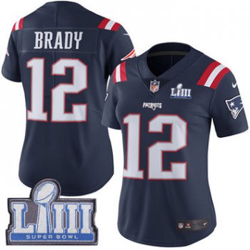 Women's New England Patriots #12 Tom Brady Navy Blue Nike NFL Rush Vapor Untouchable Super Bowl LIII Bound Limited Jersey