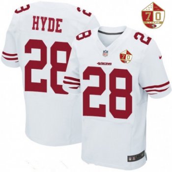 Men's San Francisco 49ers #28 Carlos Hyde White 70th Anniversary Patch Stitched NFL Nike Elite Jersey
