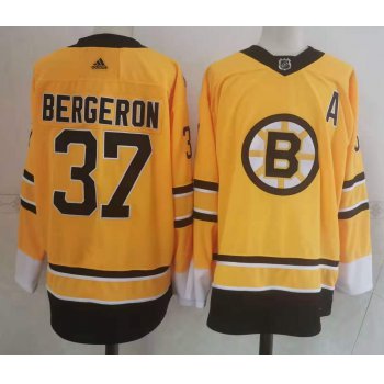 Men's Boston Bruins #37 Patrice Bergeron Yellow Adidas 2020-21 Stitched NHL Jersey