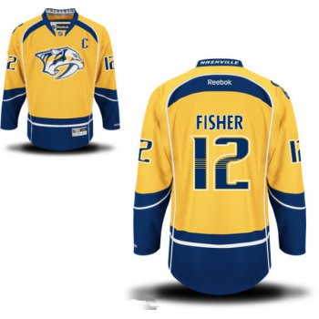 Men's Nashville Predators #12 Mike Fisher Yellow Home C Patch Stitched NHL Reebok Hockey Jersey