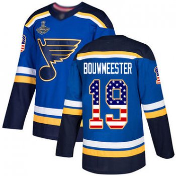 Blues #19 Jay Bouwmeester Blue Home Authentic USA Flag Stanley Cup Champions Stitched Hockey Jersey