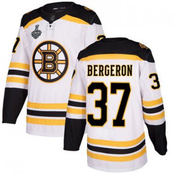 Men's Boston Bruins #37 Patrice Bergeron White Road Authentic 2019 Stanley Cup Final Bound Stitched Hockey Jersey