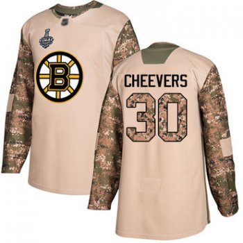 Men's Boston Bruins #30 Gerry Cheevers Camo Authentic 2017 Veterans Day 2019 Stanley Cup Final Bound Stitched Hockey Jersey