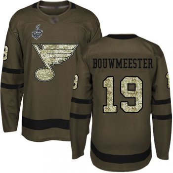 Men's St. Louis Blues #19 Jay Bouwmeester Green Salute to Service 2019 Stanley Cup Final Bound Stitched Hockey Jersey