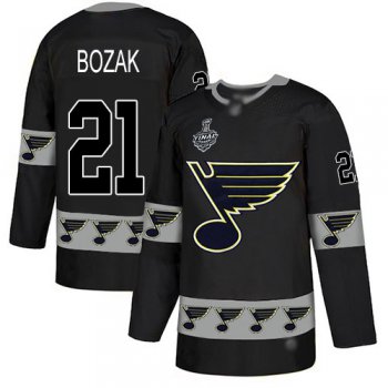 Men's St. Louis Blues #21 Tyler Bozak Black Authentic Team Logo Fashion 2019 Stanley Cup Final Bound Stitched Hockey Jersey