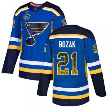 Men's St. Louis Blues #21 Tyler Bozak Blue Home Authentic Drift Fashion 2019 Stanley Cup Final Bound Stitched Hockey Jersey