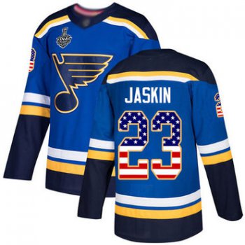 Men's St. Louis Blues #23 Dmitrij Jaskin Blue Home Authentic USA Flag 2019 Stanley Cup Final Bound Stitched Hockey Jersey