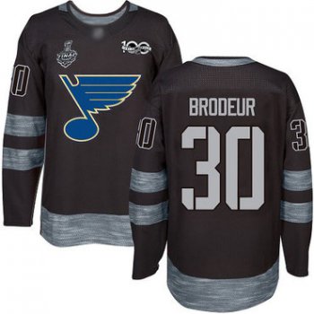 Men's St. Louis Blues #30 Martin Brodeur Black 1917-2017 100th Anniversary 2019 Stanley Cup Final Bound Stitched Hockey Jersey