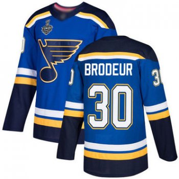 Men's St. Louis Blues #30 Martin Brodeur Blue Home Authentic 2019 Stanley Cup Final Bound Stitched Hockey Jersey
