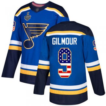 Men's St. Louis Blues #9 Doug Gilmour Blue Home Authentic USA Flag 2019 Stanley Cup Final Bound Stitched Hockey Jersey