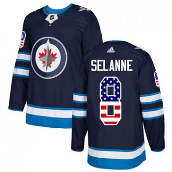 Adidas Jets #8 Teemu Selanne Navy Blue Home Authentic USA Flag Stitched NHL Jersey