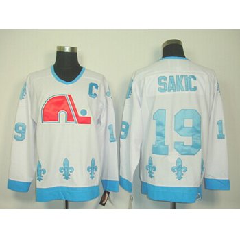 Quebec Nordiques #19 Joe Sakic White With Light Blue Throwback CCM Jersey