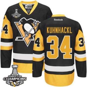 Men's Pittsburgh Penguins #34 Tom Kuhnhackl Black Third Jersey 2017 Stanley Cup Champions Patch