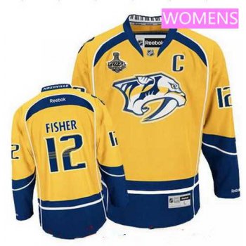 Women's Nashville Predators #12 Mike Fisher Yellow 2017 Stanley Cup Finals C Patch Stitched NHL Reebok Hockey Jersey
