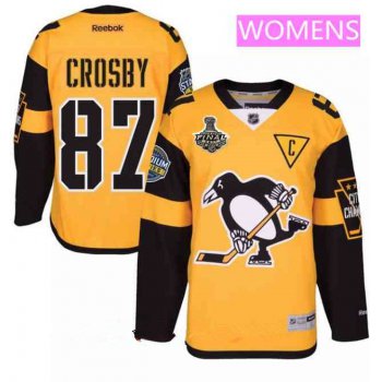 Women's Pittsburgh Penguins #87 Sidney Crosby Yellow Stadium Series 2017 Stanley Cup Finals Patch Stitched NHL Reebok Hockey Jersey