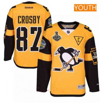 Youth Pittsburgh Penguins #87 Sidney Crosby Yellow Stadium Series 2017 Stanley Cup Finals Patch Stitched NHL Reebok Hockey Jersey