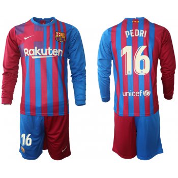 Men 2021-2022 Club Barcelona home red blue Long Sleeve 16 Nike Soccer Jerseys