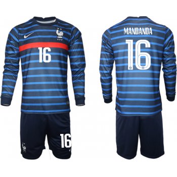 Men 2021 European Cup France home blue Long sleeve 16 Soccer Jersey