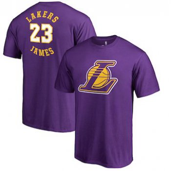 Men's Los Angeles Lakers 23 LeBron James Fanatics Branded Purple Round About Name & Number T-Shirt