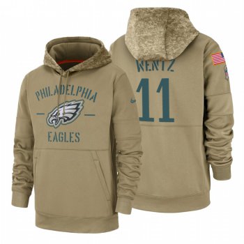 Philadelphia Eagles #11 Carson Wentz Nike Tan 2019 Salute To Service Name & Number Sideline Therma Pullover Hoodie